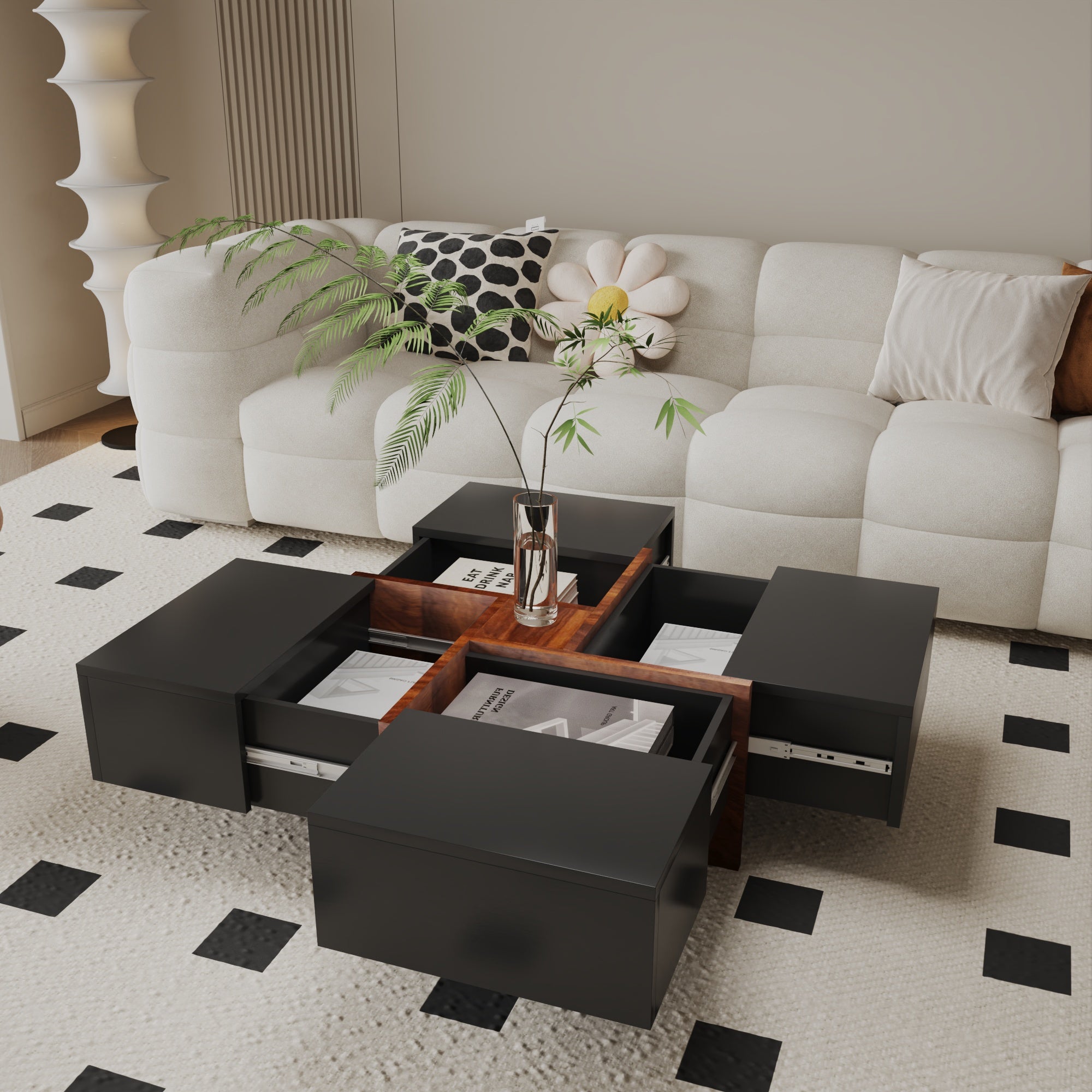 Futuristic Black Extendable Coffee Table with Storage