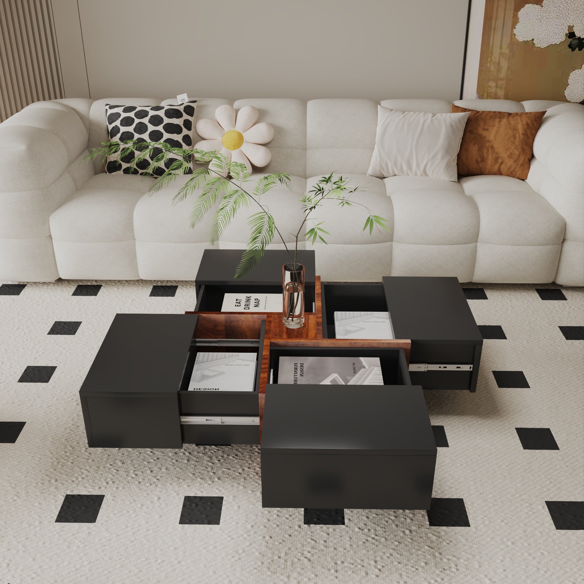 Futuristic Black Extendable Coffee Table with Storage
