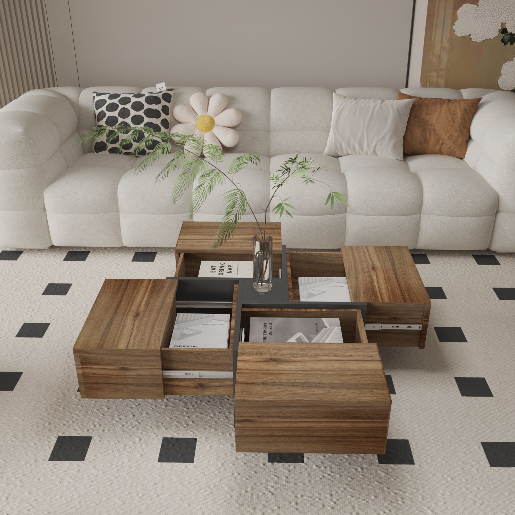 Futuristic Dark Walnut Extendable Coffee Table with Storage