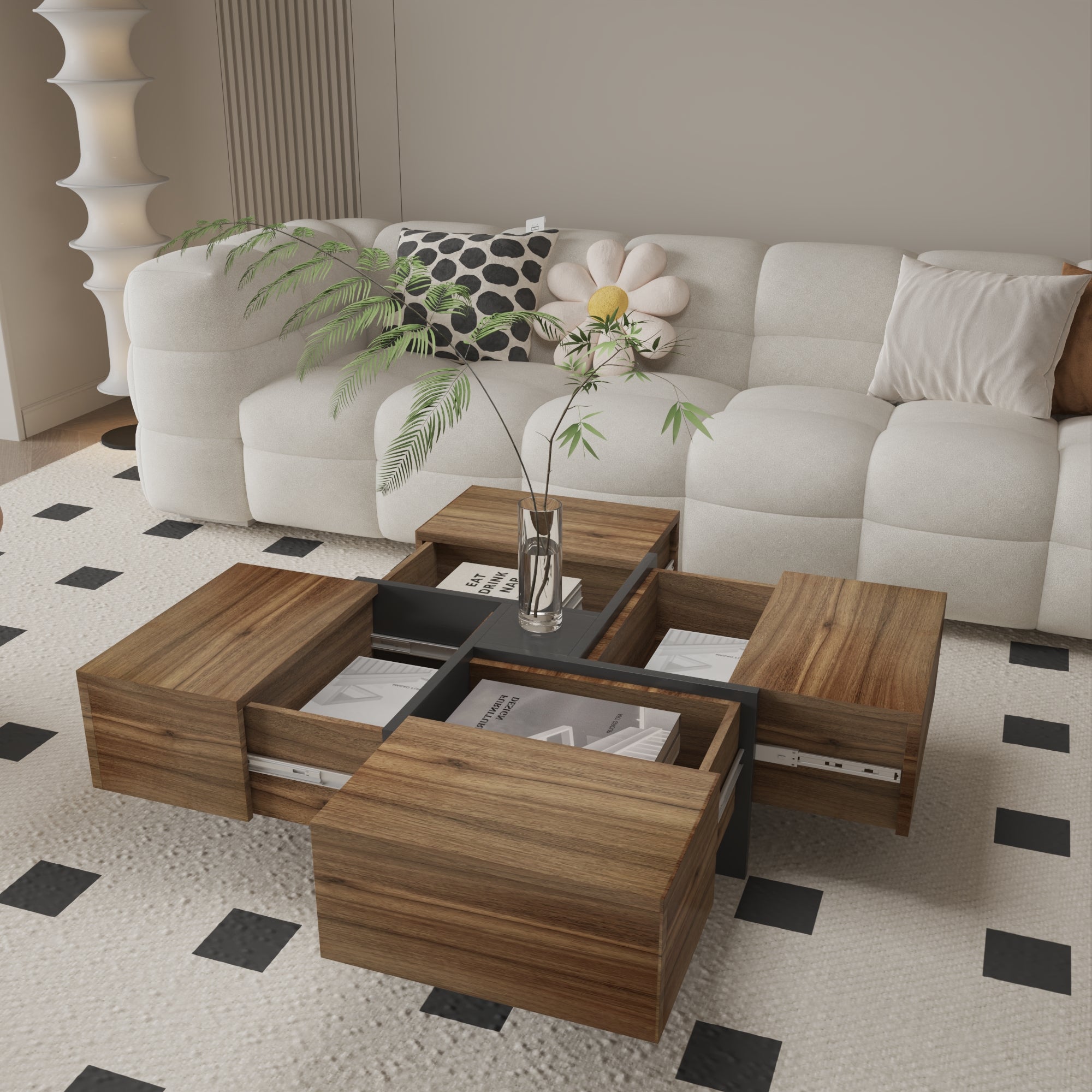 Futuristic Dark Walnut Extendable Coffee Table with Storage