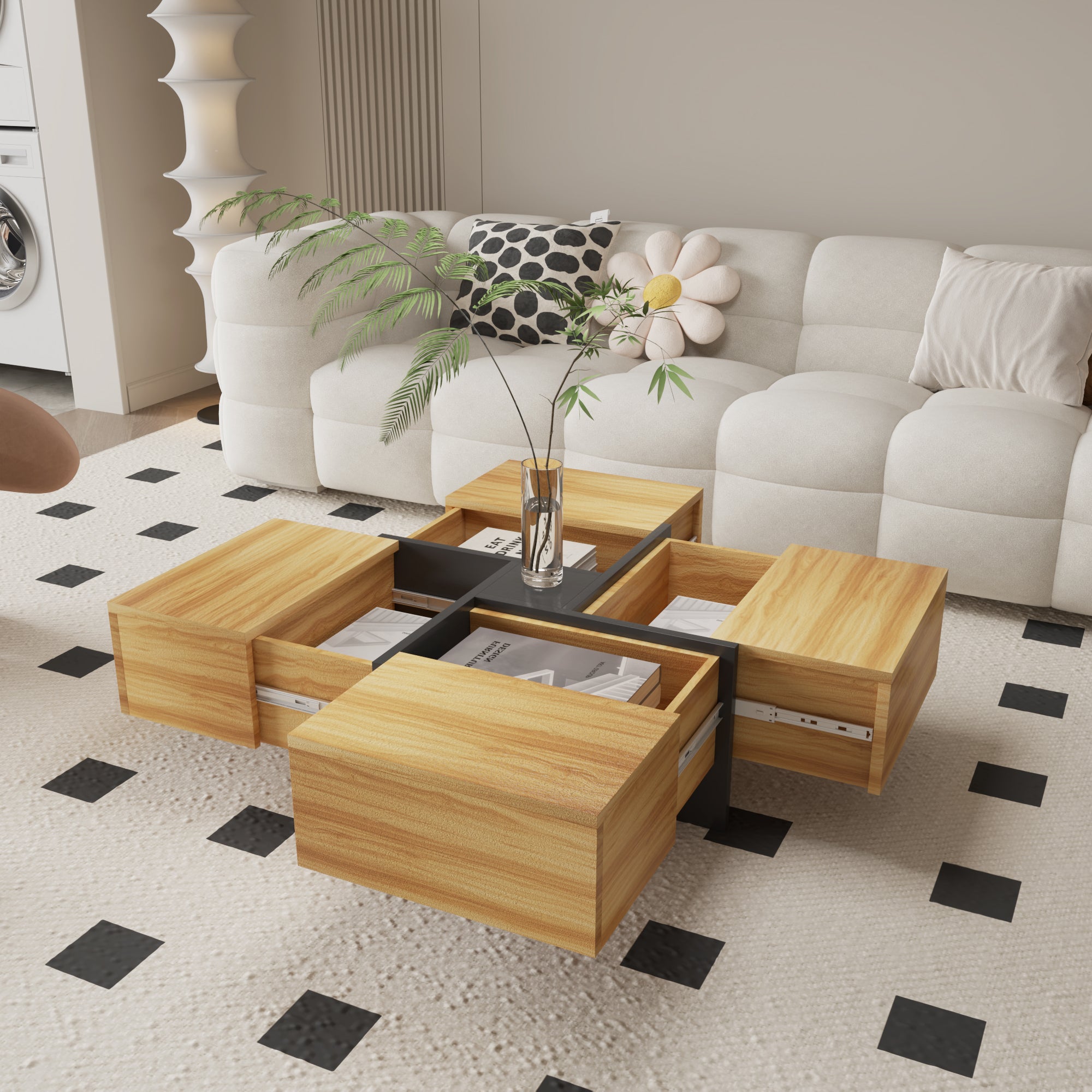 Futuristic Medium Walnut Extendable Coffee Table with Storage