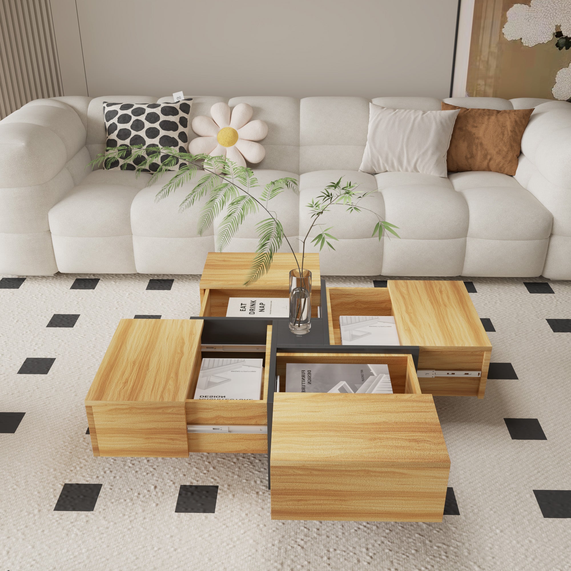 Futuristic Medium Walnut Extendable Coffee Table with Storage