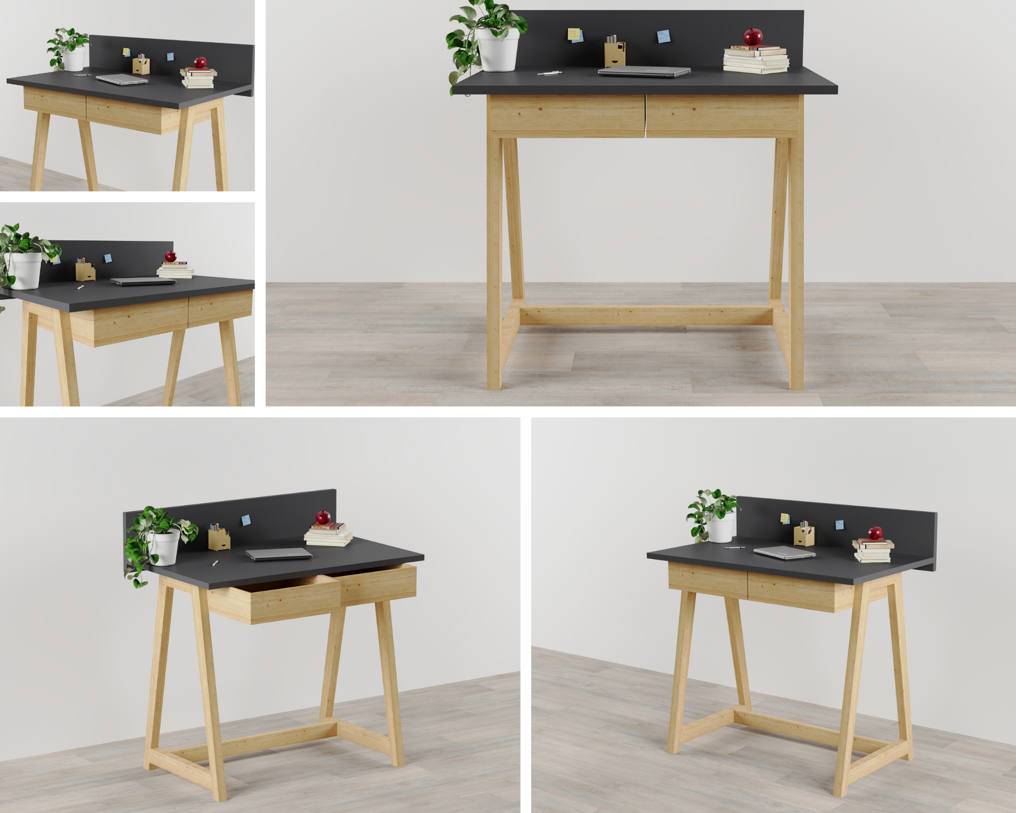 Memphis Anthracite Wooden Writing Desk with 2 Drawers