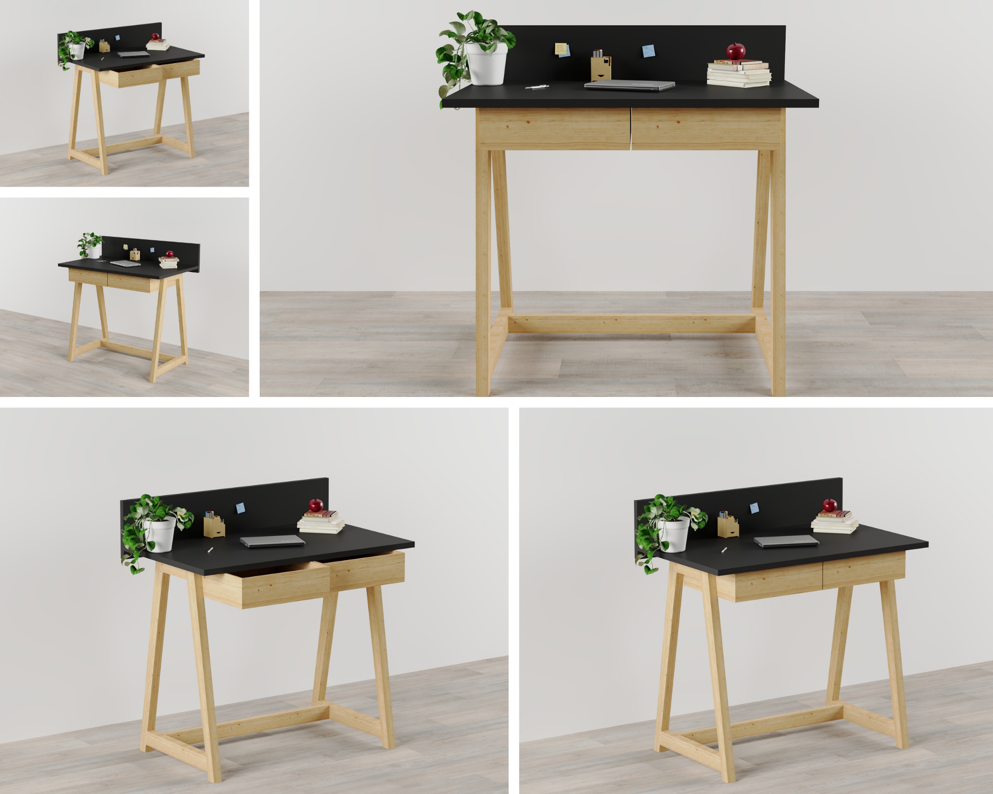 Memphis Black Wooden Writing Desk with 2 Drawers