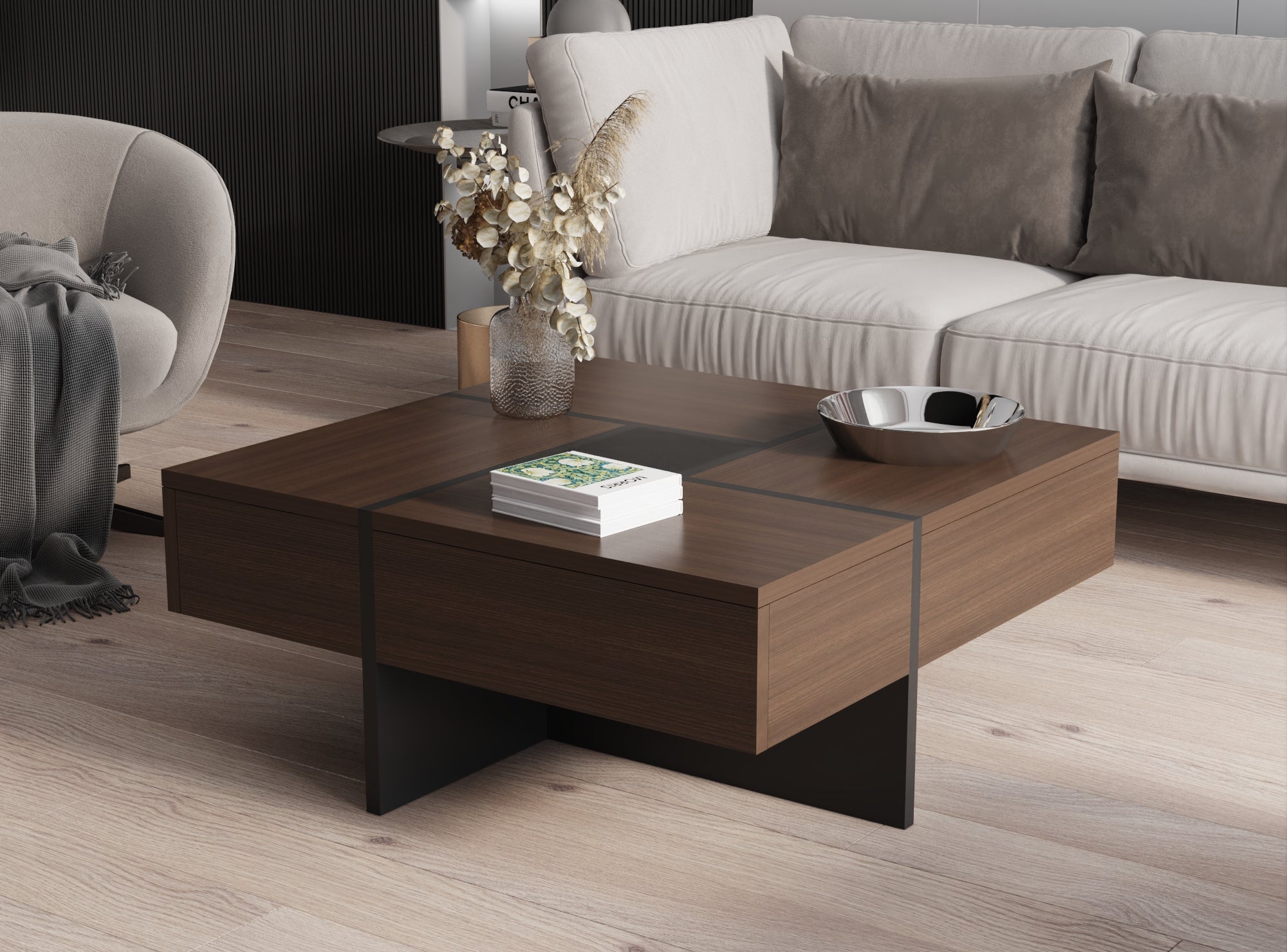 Futuristic Dark Walnut Extendable Coffee Table with Storage