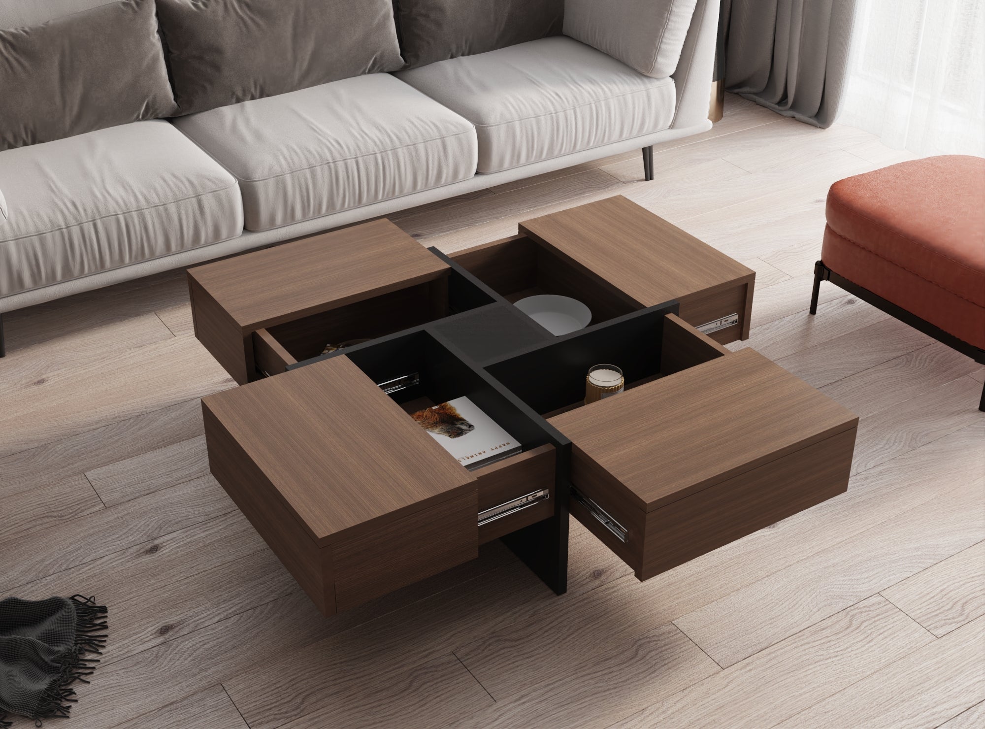 Futuristic Medium Walnut Extendable Coffee Table with Storage